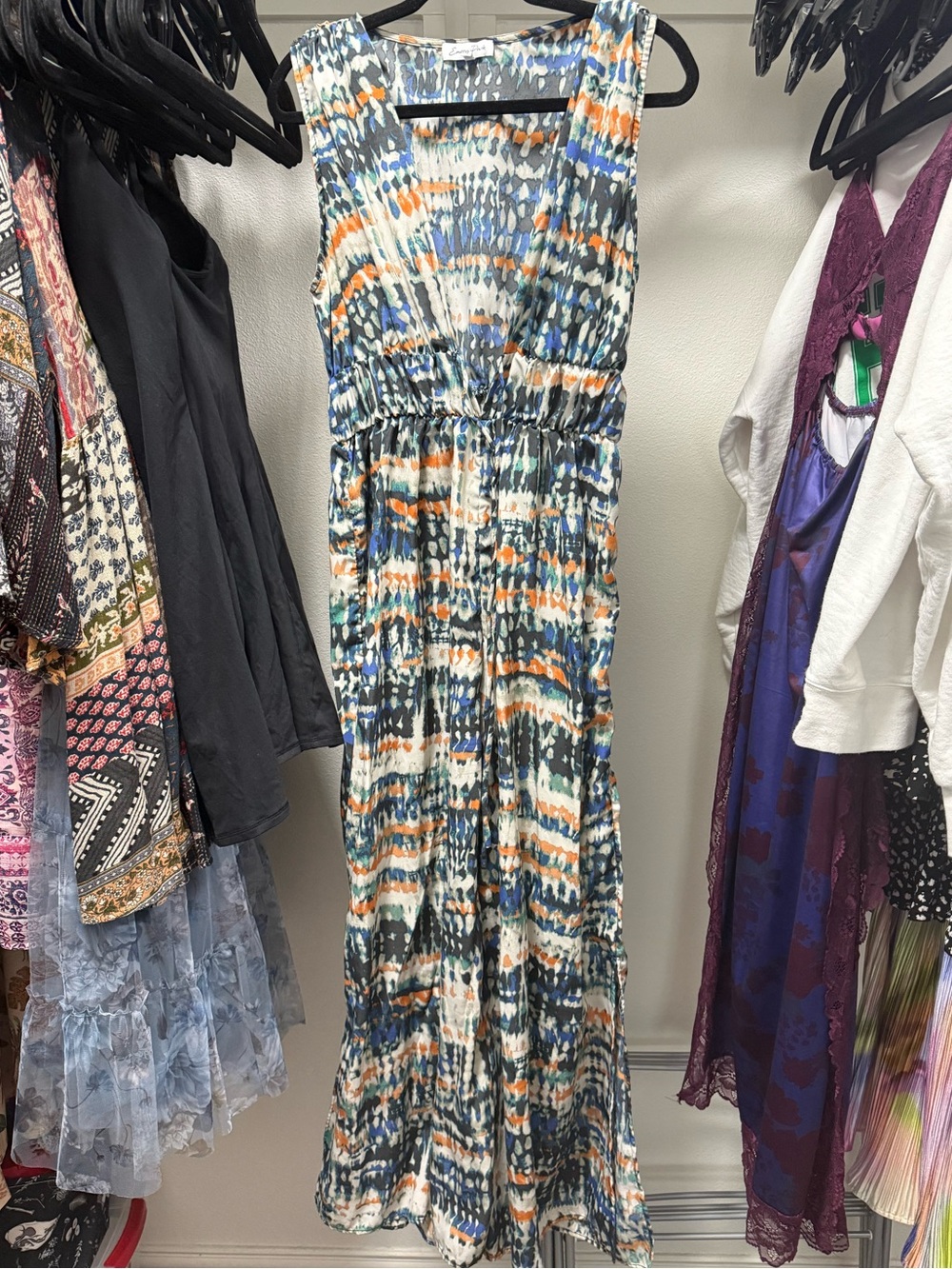 emory park Sleeveless Maxi Dress in Blue, Orange & White Tie-Dye